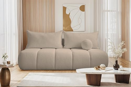Kaiser Möbel - Sofa mit Schlaffunktion und Bettkasten, Schlafsofa mit Bettzeugbehälter, Wohnlandschaft, Klappsofa, Relaxsofa, Polstersofa, Zierkissen, Bequemes Couch für Wohnzimmer, Piano, Beige