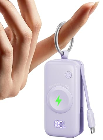 INIU Power Bank para Apple Watch, 5000mAh Batería Externa con Cable Incorporado, Cargador Portátilpara Delgado con Llavero de Viaje Pantalla LCD para iWatch 10/9/8/Ultra2/Ultra/SE, Púrpura