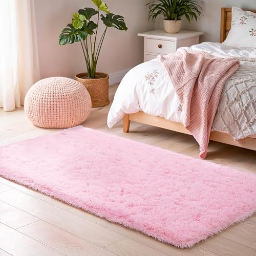 BEIMO 60x110cm Pink Fluffy Faux Fur Rug, Soft Plush Carpet for Bedroom | 4cm Pile, Non-slip, Hallway, Kitchen, Home Decor, Bedside, Soft Texture, Durable, Shaggy Texture, Easy Clean, Washable
