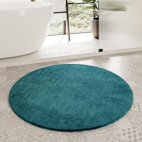 Homie Living Porto Azzurro Badteppich, 90 cm rund, Petrol grün | Badematte kuscheliger Flauschiger weicher Flor l rutschfest und Waschbar