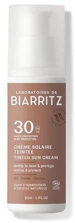 Laboratoires de Biarritz Crème Solaire Teintée SPF30 Dorée Certifiée Bio | Visage, Protection Anti-UVA/UVB et Lumière Bleue, Certifiée Bio, 50 ml, Fabriquée en France