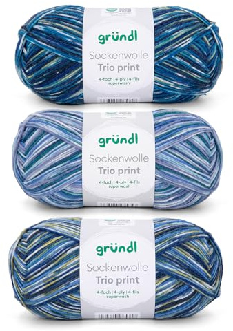 Gründl Wool Sock Wool Trio - Knitting Yarn for 3 Pairs of Socks - Durable and Skin Friendly - 75% Virgin Wool, 25% Polyamide - 3 Balls 100 g / 420 m - Needle Size 2.5-3 - Blue Green Jeans