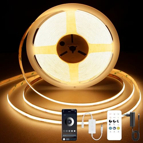 TTWAY COB LED Streifen 7,5M, LED Streifen Warmweiss 2700K, 24V Dimmbar LED Band, CRI92, 8mm Breite, mit Fernbedienung und Netzteil, für Home Dekoration, Küche, Spiegel.