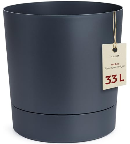 KONZEPT Blumentopf mit Untersetzer 38 cm - großer Übertopf aus Kunststoff für Zimmerpflanzen, modern und wetterfest, für Innen und Außen, Anthrazit