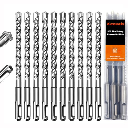 Keewaki 10 Pack 10mm x 160mm SDS Plus Rotary Hammer Drill Bits Set, Cross Carbide Tip, Heavy Duty Masonry Drill Bits for Concrete, Brick Hammer Drill Bits - Concrete Drill Bit Set