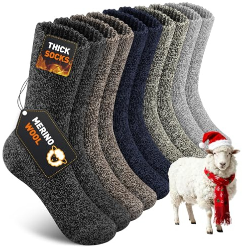 YUTYTH Merino Wool Socks Mens - 5 Pairs Thick Winter Wool Hiking Socks, Warm Thermal Mens Crew Socks Breathable Moisture-Wicking Outdoor Boot Multicolor-03(7-11)