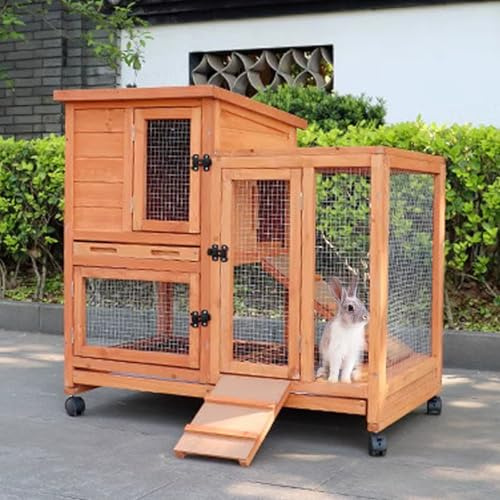Kaninchenkäfig Outdoor Holz Doppeldecker Stall mit 4 Rädern und auslaufsicherer Ablage für kleine und mittelgroße Haustiere