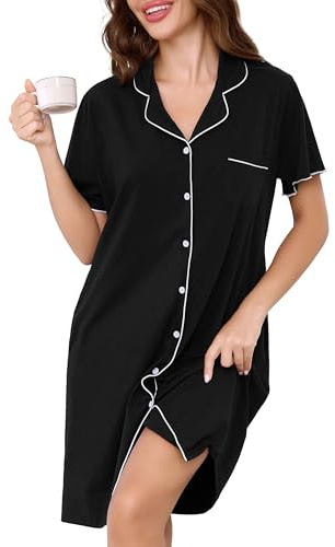 Vlazom Women Nighties Button Down Cotton Nightdress Boyfriend Style Sleepshirt Relaxed Nightshirt Hospital/Maternity/Nursing/Labour Nightgown with Pockets Black,3XL