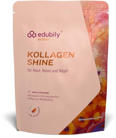 edubily® Kollagen Shine Drink – Beauty-Drink mit Kollagen Hydrolysat aus Weidehaltung, Hyaluronsäure, Vitamin E, Q10 & Biotin (450 g, Pur)