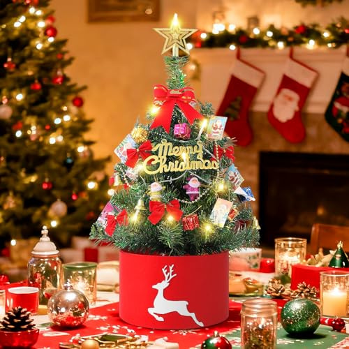 60cm Künstlicher Weihnachtsbaum mit Beleuchtung,Desktop-YTisch-Weihnachtsbaum-Set mit Sternspitze, Goldener Kette, Weihnachtsbaumrock & Weihnachtsdekorationen, Kleiner Weihnachtsbaumfür Home & Office