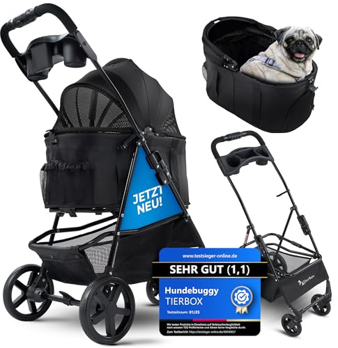 Tierbox Hundebuggy Klappbar mit QuickFold, Einfacher Transport, Traglast bis 15 kg, Schwarz