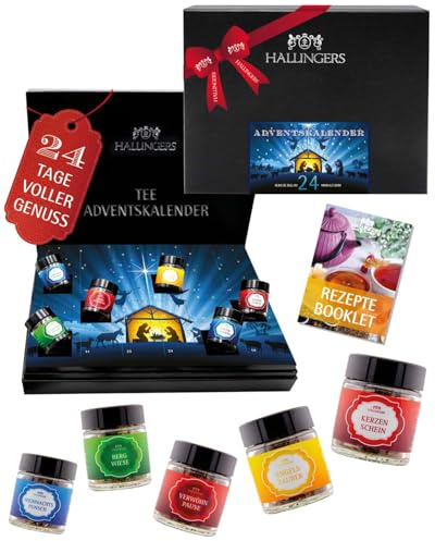 Hallingers Genuss Manufaktur Tee Adventskalender-Set - 24 Sorten premium loser Tee Probierset in edler Box mit Rezept-Booklet Stille Nacht sp..., Weihnachtskalender für Frauen Männer