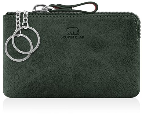 BROWN BEAR Schlüsseletui Leder mit Reißverschluss Münzfach - BB 8017 GN | Echtleder Olive Grün Vintage Schlüsseltasche flach für Damen & Herren RFID-Schutz nur für Kreditkarten oder Ausweise