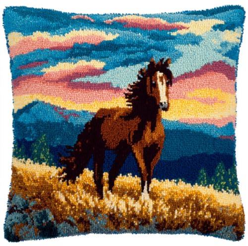Henypt Kissen Knüpfen Set Tier Pferd Knüpfkissen-Sets,Kreuzstich Knüpfkissen Zum Selber knüpfen Kissen Set,Knüpfpackungen Für Anfänger 43x43cm