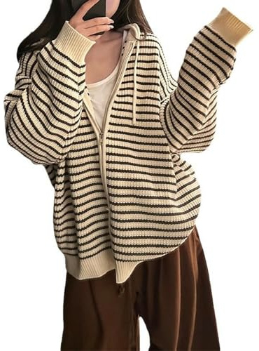QDLTGBD Women's Cardigan Sweater Casual and Gentle Striped Hooded Knitted for Women, Loose Cozy Top Autumn -b-one Size Fits All