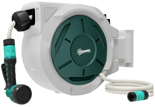 Outsunny Enrouleur Tuyau Arrosage Mural 30 m x Ø 15 mm, Dévidoir Automatique de Tuyaux d'Eau Rétractable Automatique Pivotant à 180°, Buse à 7 Modes, pour Jardin et Lavage de Voiture, gris