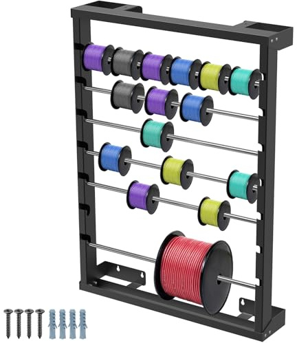Kipika Wall-Mounted Wire Spool Rack - Adjustable Cable Reel Holder with 6 Stainless Steel Rods, Heavy-Duty Dispenser for Industrial, Electrical, and Workshop Storage