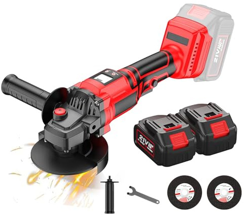 Amoladora angular inalámbrica de 21 V, amoladora angular de 125 mm, 1000 W con 13000 rpm, 3 velocidades con batería y pantalla de la batería, 2 discos de corte para cortar, pulir lijar (2 baterías A)