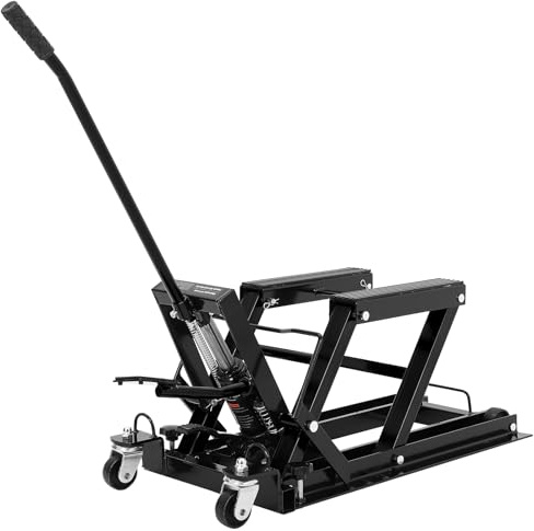 Crevyteg Gato hidráulico elevador de motocicleta de 1500 libras, mesa de tijera de acero resistente con bloqueo de seguridad, plataforma antideslizante y 4 ruedas, altura ajustable de 4.7 a 14.5