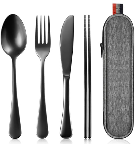flintronic Camping Cutlery Set with Case, 4 Piece Reusable Stainless Steel Knife Fork Spoon Chopsticks, Travel Utensils Set Portable, for Outdoor Picnic Office School (Black)