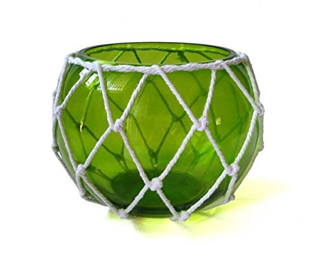 Hampton Nautical Green Japanese Bowl with Decorative White Fish Netting 8-Glass Buoy Float, 8 inch