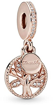 Pandora Moments Women's 14k Rose Gold-Plated Family Heritage Cubic Zirconia Dangle Charm for Bracelet, No Box