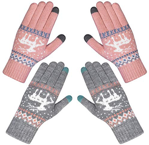 Womens Thermal Gloves, 2 Pair Knit Touch Screen Ladies Gloves for Winter - gray / pink - One Size