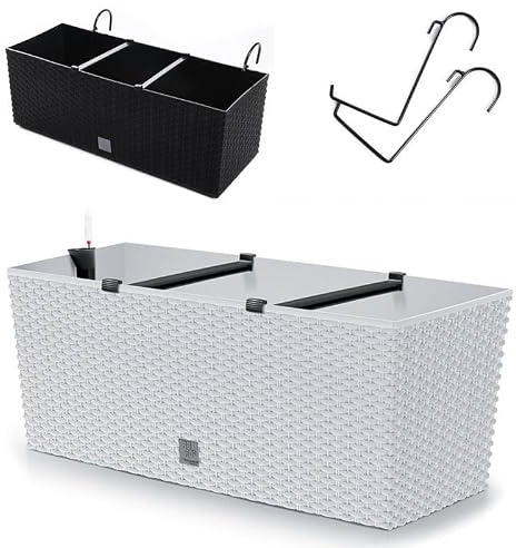 rg-vertrieb Blumenkasten Blumentopf Balkonkasten Geländerkasten Geländertopf 51cm Polyrattan Rattan-Optik Bewässerung mit Halterungen Aufhängung (Weiß)