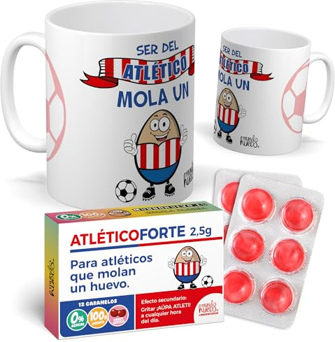 mundohuevo Pack taza + caramelos Atlético | Regalo divertido para aficionados del Atlético de Madrid | Idea original para cumpleaños, Navidad o Día del Padre | Taza Cerámica 350 ML