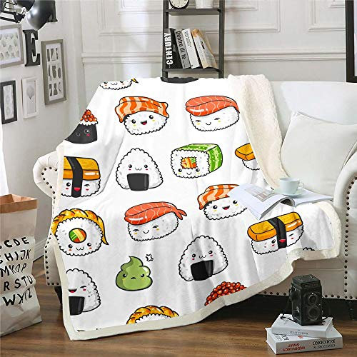 Homewish Kinder Sushi Sherpa Decke, Teenager Kawaii Plüsch Bettdecke, japanische Decke 150x200 Für Mädchen Jungen Erwachsene, süßes Essen Sushi Flanell Decke Leichtes Schlafzimmer Dekor, Weiß