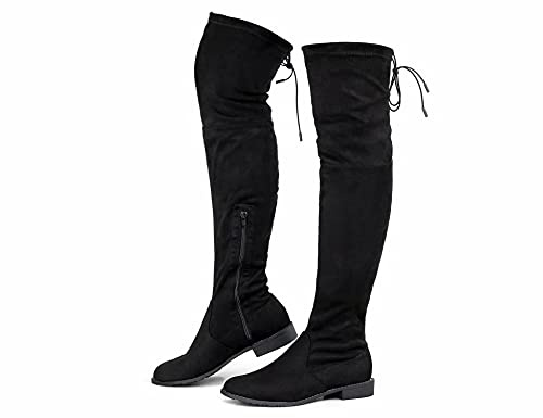 Greatonu Damen Overknee Oberschenkel Hoch Niedriger Blockabsatz Spitze Zehe Reiten Stretch Lange Flache Stiefel Frühling Herbst Winter 0.98 inchs Schwarz EU 41