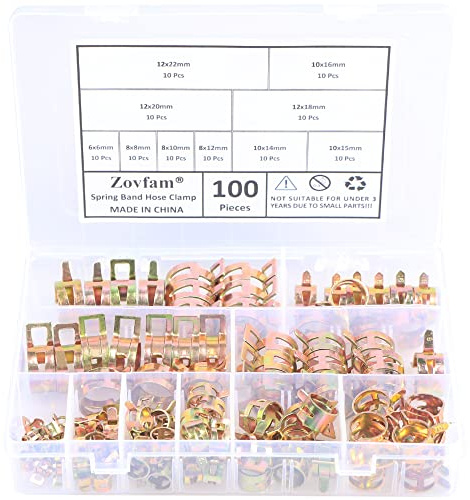100Pcs Fuel Line Hose Clips 10 Sizes 6-22mm Small Hose Pipe Clamps Air Tube Silicone Vacuum Hose Clamp Fastener Assortment Kit, Spring Hose Clamps 6mm 8mm 10mm 12mm 14mm 15mm 16mm 18mm 20mm 22mm