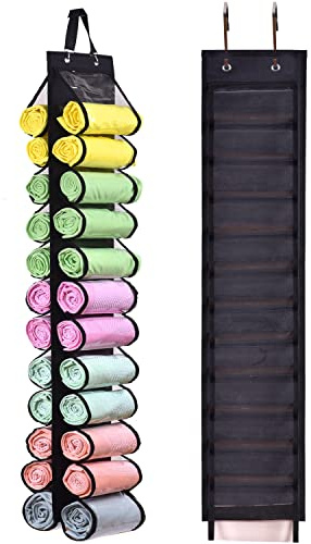 T-shirt Storage Hanger - Holds 24 Leggings, Jeans or Shirts, Compartment, Foldable Organizer, Portable Wardrobe for Rolls (Black-L)