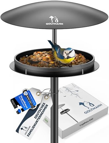 GOLTMANN® Ædel Vogelhaus mit Ständer Wetterfest | Vogelfutterhaus mit Ständer aus Rostfreiem Stahl, Stehend | Luxus Futterhaus für Vögel- Perfekt als Garten Deko oder Balkon Deko (schwarz)