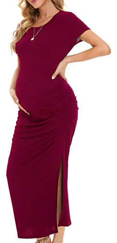 Smallshow Women's Split Long Maternity Dress Ruched Short Sleeve Maternity Clothes Wine L