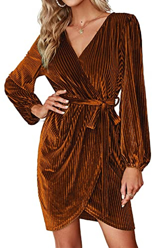 BerryGo Women's Fall Long Sleeve Wrap Semi Formal Velvet Mini Dress Sexy Cocktail Party Winter Prom Dress Burnt Orange L