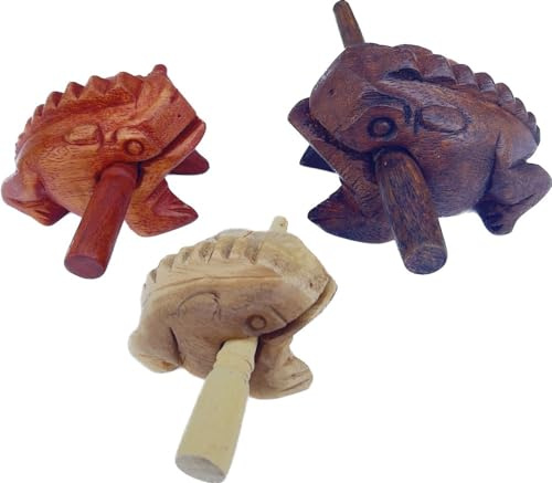 Guiros Percussion Instruments Wooden Frog Musical Instrument Set of 3 Frogs: 4 Inch, 3 Inch, and 2.25-2.75 Inch (Dark Brown/Brown/Natural Colors)