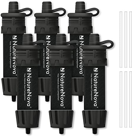 NatureNova Lot de 6 mini filtres à eau portables d'urgence pour randonnée, camping, équipement de survie Noir