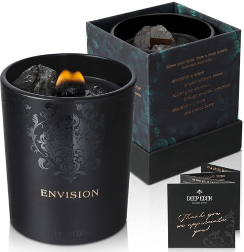 Black Orchid & Pine Moss Scented Crystal Candle - Luxury Manifestation Candle with Smoky Quartz and Clear Quartz Crystals - 7.4oz Natural Soy, Coconut & Beeswax, Wood Wick