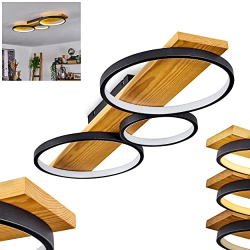 HOFSTEIN LED Deckenleuchte Rodekro, dimmbare Deckenlampe aus Metall/Holz in Schwarz/Naturfarben/Weiß, dimmbar über Lichtschalter, moderne Leuchte mit Holzbalken, 32 Watt, 3000 Kelvin, 3700 Lumen