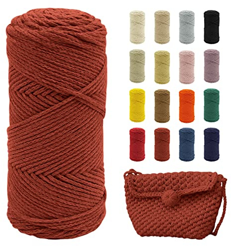 Uiopa Makramee Garn Ziegelrot, 2mm x 140m Baumwollgarn für Häkeltasche, Polyester Baumwollkordel für Gehäkelte Tasche, Häkelkorb, Weben Dekoration, DIY Handwerk
