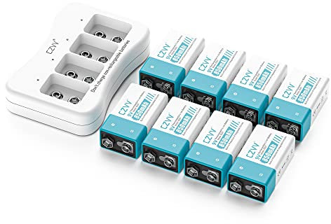czvv Batteria 9V Ricaricabile Litio 9V - Alta Capacità 850mAh 4 Pile Ricaricabili con Caricabatterie Rapido 2H - Durata Ultra Lunga 10 Anni 8,7V - 1300 Cicli, Uscita Costante, Rilevatori di Fumo