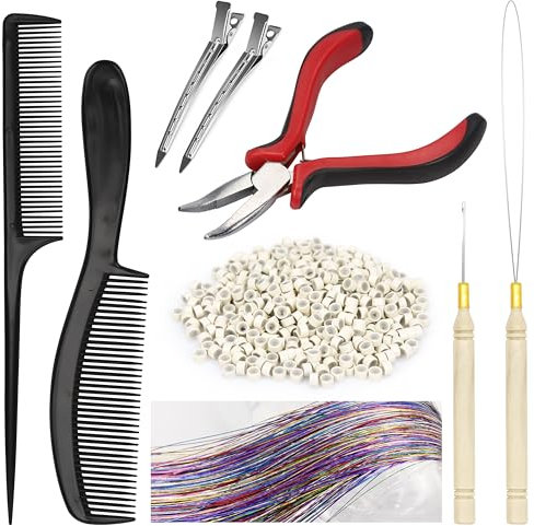 Beayuer Hair Extension Tool Kit, Needle Nose Pliers Pulling Hook Bead Device Tool Kits and 500Pcs Silicone Lined Micro Rings for Human Hair Extensions (500 Micro Rings, Blonde)