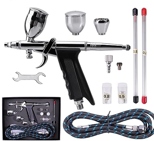 SAGUD Airbrush Gun Set Double Action Air Brush Pen 0.3mm with Extra 0.5 0.8 mm Needles,Airbrush Hose & 2CC/5CC/13CC Cup Complete Kit