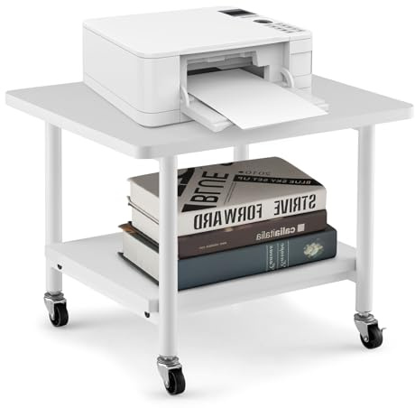 CASART 2 Tier Printer Stand, Rolling Printer Table with Lockable Wheels and Open Shelves, Metal Frame Mobile Printer Cart for Home Office Study (White)
