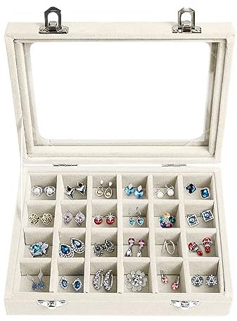 24 Fächer Damen Schmuckkasten Schmuck Box Schmuckkoffer Schmuckständer Aufbewahrungsbox für Ringe Ohrringe Halskette (Beige)
