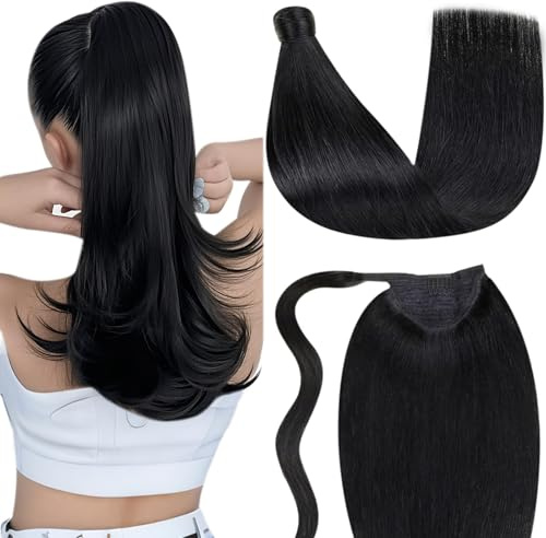 LaaVoo Zopf Extension Echthaar Schwarz Haarverlängerung Zopf Echthaar Schwarz Extension Pferdeschwanz Haarteil Echthaar Zopf Extension Remy Menschliches Haar Glatt 70g #1 30cm