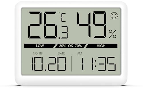 Brifit Mini Thermometer Hygrometer, Digitales Thermo-Hygrometer mit Große LCD Bildschirm und Magnet, Thermometer Innen mit Smiley-Indikator, Uhr, Datum, Luftfeuchtigkeitsmesser für Wohnzimmer, Büro