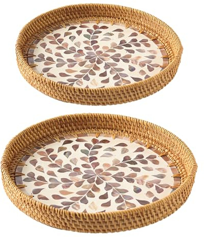 MINGZHE 2 Bandejas Redondas Hechas a Mano de Ratán para Servir Bandejas de Conchas de Colores, Bandejas de Frutas, Mesa de Centro de Sala de Estar, Marco de Recepción, Plato de Frutas,(Café)