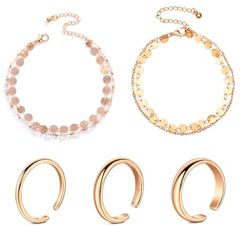 Tåring och vristlänk set 2 mm/3 mm/4 mm klassisk slät tåring justerbar öppen finger ankelring och armband silver ros och guld, Metall